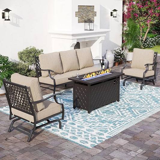 Patio Furniture Set with Firepit Table, 4 Piece Metal Outdoor Patio Furniture, 2 Rocking Chairs and 3 Seater Sofa with 5.75" Extra Thick Cushion and Gas Firepit Table for Backyard Deck