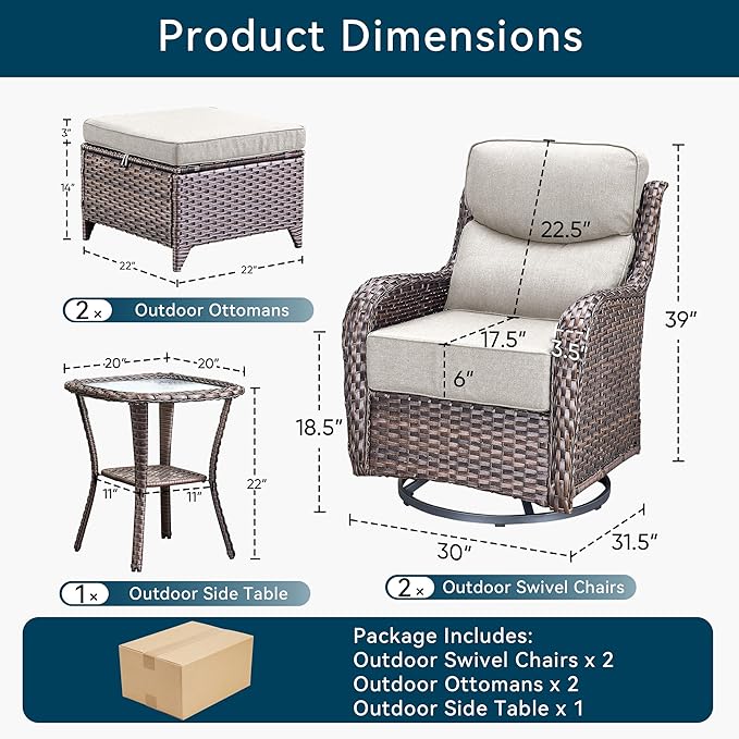 Luxury High Back Outdoor Furniture with 6-Inch Thick Cushions, Patio Furniture Set with Ottomans, 5 PCS Wicker Conversation Set for Porch, Balcony, Deck and Yard