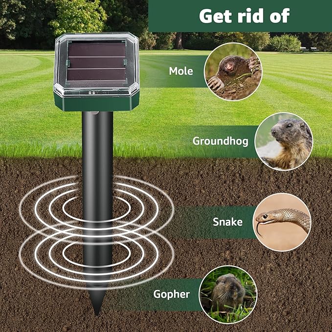 2025 New Upgraded Version Mole Repellent Solar Powered, Waterproof & Aesthetic Design, Ultrasonic Pest Deterrent for Moles, Voles, Gophers, Chipmunks, Groundhogs, and Snakes -4Pack