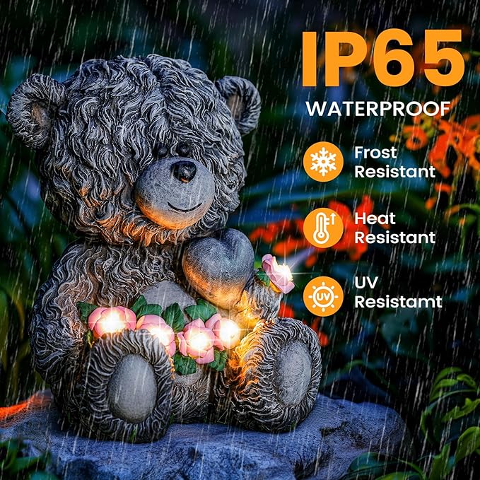 Solar Garden Outdoor Statues Bear with Heart and Pink Flower and 5 LED Lights-Lawn Decor Bear Statue for Patio, Balcony, Yard Ornament-Unique Mother's Day and Housewarming Gifts for Mom, Women