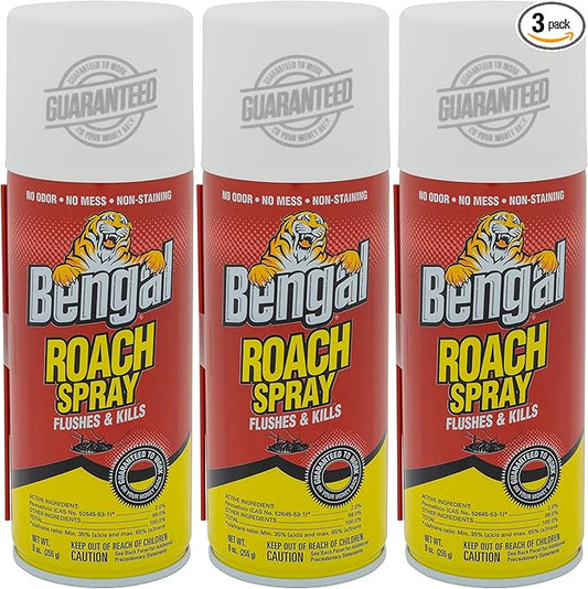 Bengal Roach Spray, Odorless Stain-Free Dry Spray, 3-Count, 9 Oz. Aerosol Cans