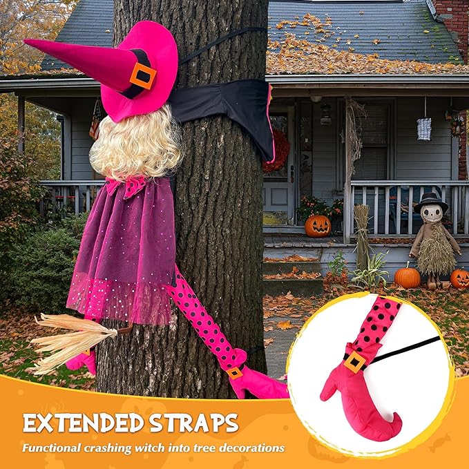 53" Crashing Witch Halloween Decoration - Funny Pink Witch Tree Prop for Yard, Porch, Door, Fence, Patio, Lawn, Garden - Indoor & Outdoor Hanging Halloween Decor