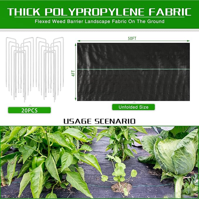 4FT x 50FT Weed Barrier Landscape Fabric Heavy Duty, 3.2oz Premium Gardening Weed Control Mat with 20 U-Shaped Securing Pegs, Ground Cover for Garden Beds, Farming, Underlayment, Commercial Driveway