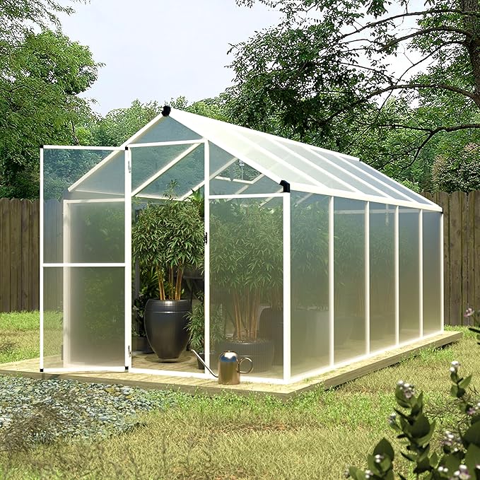 VEIKOU 6' x 10' Greenhouse, Double-Wall Polycarbonate Green House with Adjustable Vent, Aluminum Frame, Rivet Structure, Greenhouses for Outdoors for Yard, Garden, Hobby, White