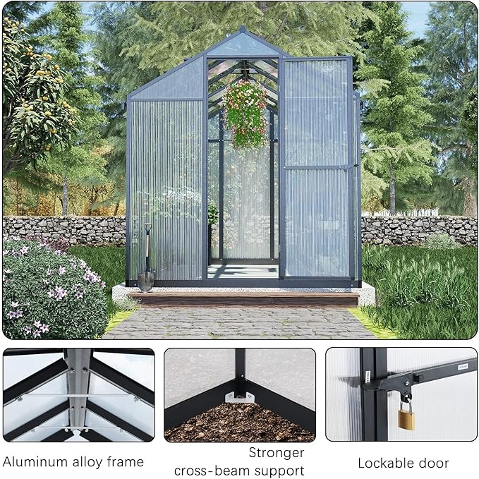 BPS 6' x 10' Walk-in Polycarbonate Greenhouse with Heavy-Duty Aluminum Frame, 2 Vent Windows & Lockable Door for Outdoor, Patio, Backyard, and Garden Use