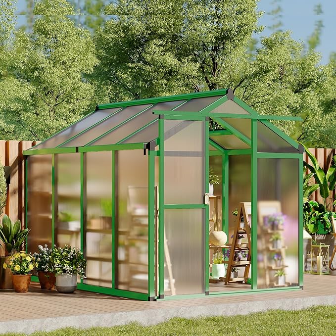 6 x 8 FT Greenhouse, Sunroom, Aluminum Frame and Ground Spikes, Upgraded Handles, Lockable Door and Adjustable Roof Vents, Greenhouse for Backyard, Outdoor Garden, Backyard, Patio