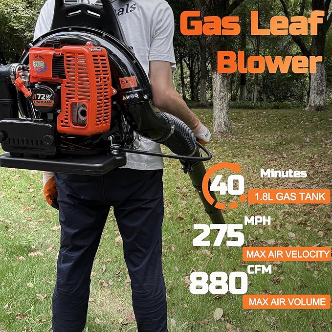 PROYAMA 72CC Gas Backpack Leaf Blower, 2-Cycle 880CFM 275MPH Gas Powered Engine, 2 in 1 Nozzle Low Vibration and Ergonomic Design with Cruise Control for Outdoor GardenYard Cleaning and Snow Removal