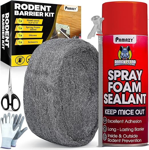 [Upgraded] Rodent Barrier Kit, Steel Wool Included PU Spray Foam Hole Filler for Mice Control 3.2"x7.5’ Rodent Control Fill Fabric, Gloves, Scissors,Gap Blocker in Hole Pipeline Vent in House, Garage