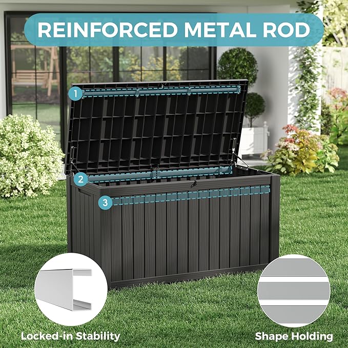 150 Gallon Resin Deck Boxes Waterproof, Outdoor Storage Box Lockable Lid for Delivery Box, Indoor, Garden Tools, Pool Supplies, Patio, Black