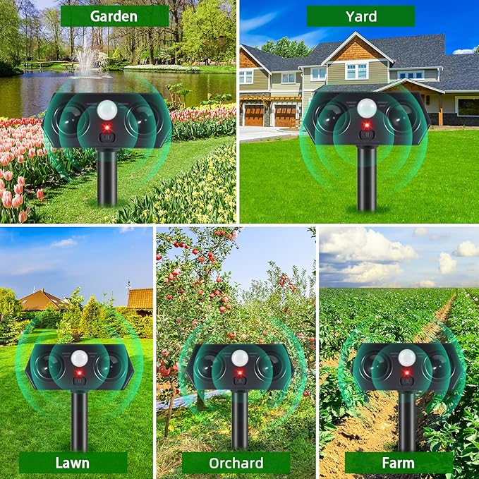4Pack Solar Ultrasonic Animal Repellent Outdoor Solar Deer Deterrent Devices with PIR Motion Sensor, Ultrasonic Cat Repellent to Scare Squirre Dog Rabbit Raccoon Skunk Armadillos for Yard Lawn