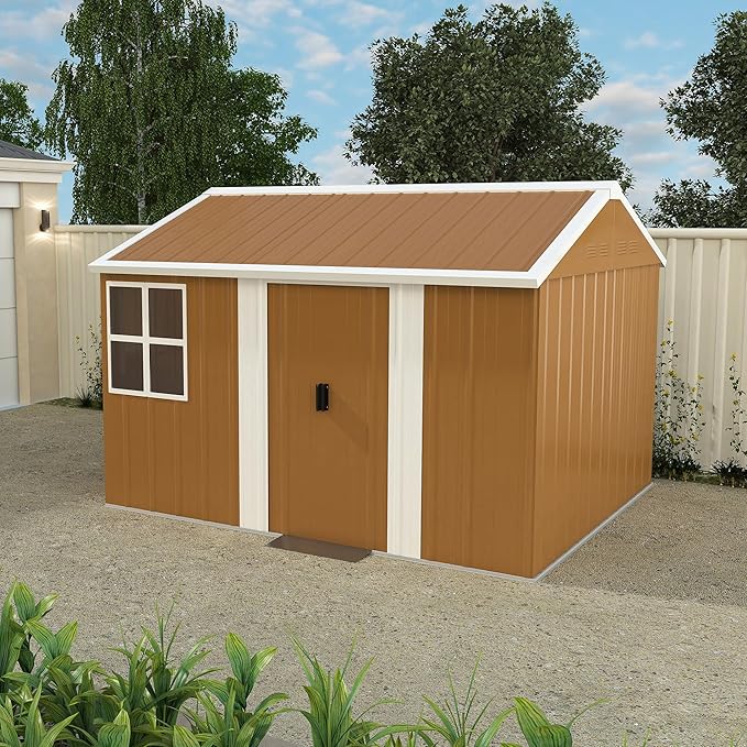 KEIKI 10FT x 8FT Heavy-Duty Metal Storage Shed, Outdoor Storage Shed with Floor & Window and Lockable Doors, Weatherproof Outdoor Garden Shed for Garden, Backyard, Patio, Lawn