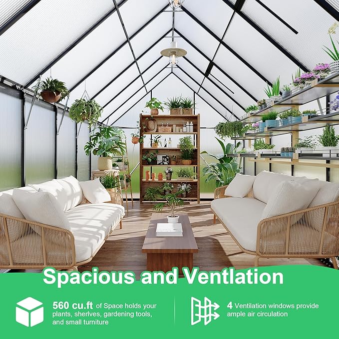 8'x14' Aluminum-Framed Polycarbonate Greenhouse, Heavy Duty Polycarbonate Greenhouse With Quick Setup Structure and Roof Vent, Large Enhanced Aluminum GreenhouseKit for Outdoors