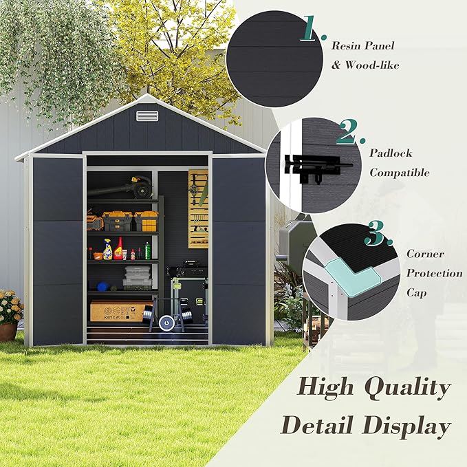Outdoor Storage Shed 8x8 FT, Resin Shed with Floor & Window, Lockable Door, Vents, Outside Sheds & Garden Shed for Patio Furniture, Gardening Tools, Pool Equipment (Dark Gray, 8 * 8ft)