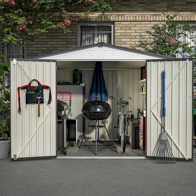 10X8 FT Outdoor Storage Shed, All Weather Metal Sheds with Lockable Doors, Tool Shed for Garden, Patio, Backyard, Lawn (White, 8x6 ft)