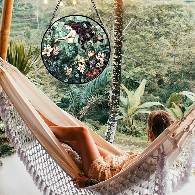 Stained Glass Window Hanging - Teal Sleeping Mermaid Suncatcher for Door Terrace Garden Home Decor, Sea of Flowers Sun Catcher Birthday Gifts for Lovers Women Men Dad Mom Nana 7.8 in