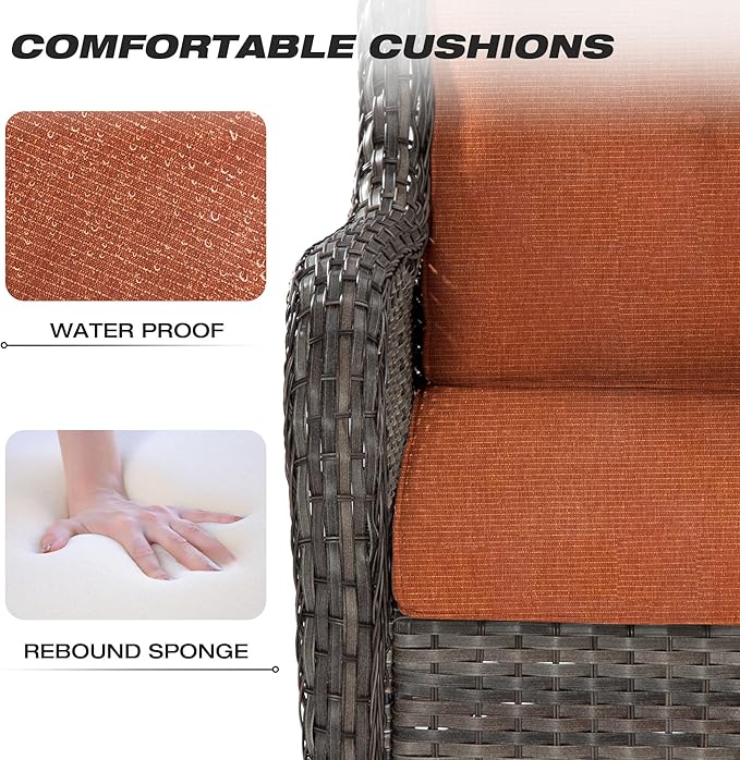 Joyside Patio Furniture Set 5-Piece Wicker Outdoor Furniture Conversational Set with 3-Seat Sofa, 2 Armchairs, 2 Ottoman Patio Rattan Wicker Sectional Sofa Set with Olefin Cushions(Mixed Grey/Orange)