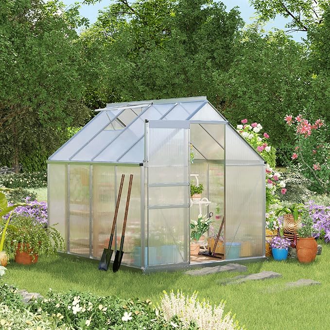 Outsunny 8' x 6' x 6.5' Polycarbonate Greenhouse with Aluminum Frame, Walk-in Heavy Duty Greenhouse with Adjustable Roof Vent, Rain Gutter and Sliding Door for Winter, Silver