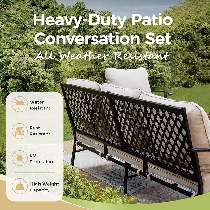 Patio Furniture Set with Firepit Table, 4 Pcs Metal Outdoor Conversation Set, 2 Swivel Chairs and 3 Seater Sofa with 5.75" Extra Thick Cushion and Gas Fire Pit Table for Backyard Deck, Beige