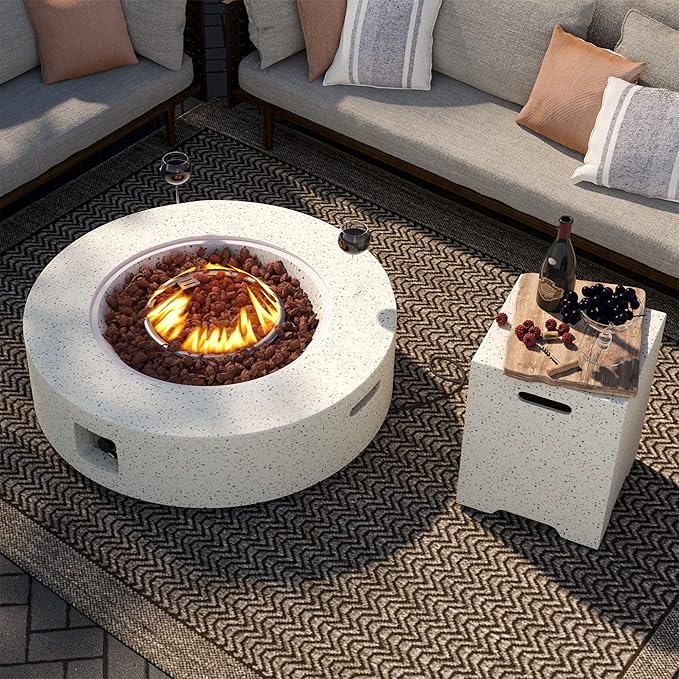 SUNBURY Outdoor Propane Fire Pit Table, 42 Inch 50000 BTU Round Spotted White Patio Gas Fire Table w Tank Cover Table, Lava Rocks, Waterproof Cover