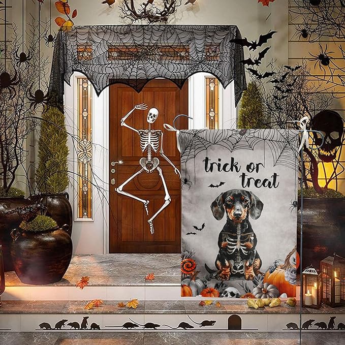 Halloween Dachshund Garden Flag Trick or Treat Yard Sign Ghost Wiener Dog Skeleton Banner for Outside 12x18 Double Sided Outdoor Lawn Decor Small