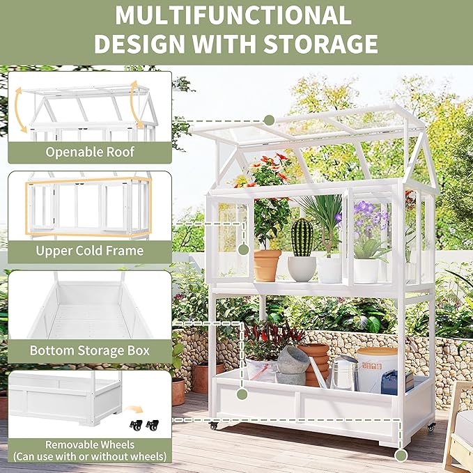 Greenhouse Cold Frames with Wheels - Adjustable Shelves Portable Cold Frame for Balcony/Patio, UV-Resistant Indoor Outdoor Plant Growing Cabinet (Large, Heavy-Duty) (White)