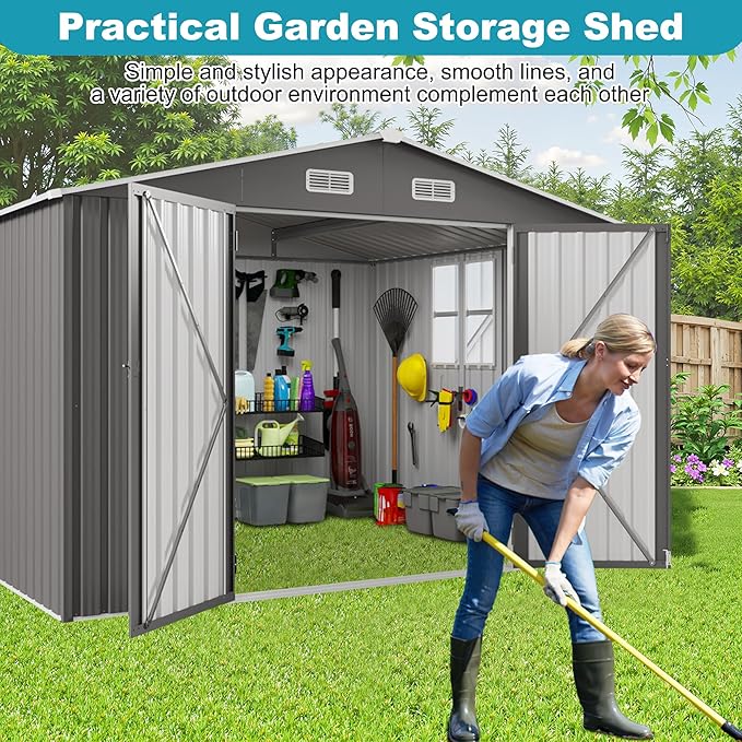 10x8 FT Outdoor Storage Shed, Large Metal Tool Shed with Peaked Roof and Lockable Door, Galvanized Steel Garden Shed with Clear Window for Backyard Garden Patio Lawn, Gray