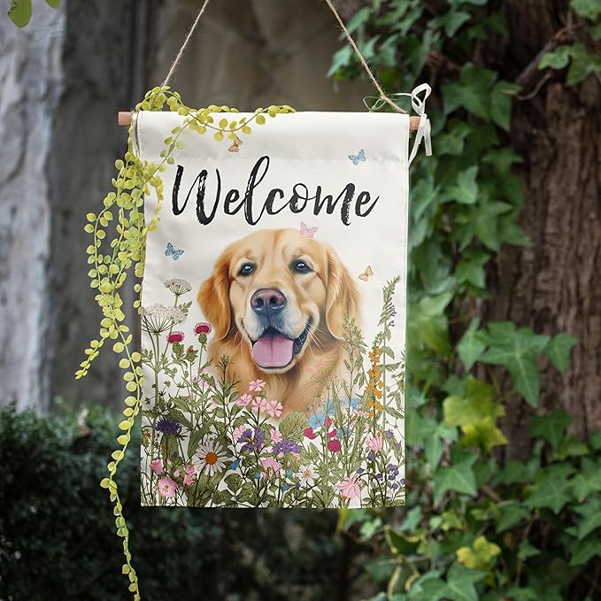 Spring Summer Garden Flag Floral Golden Retriever Yard Flag Flower Dog Garden Flags for Outside Small Outdoor Welcome Flags 12x18 Double Sided