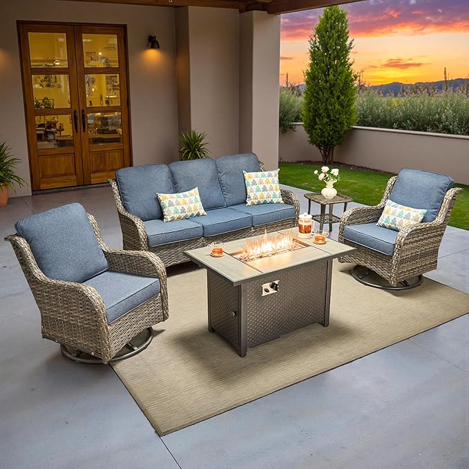 ovios 5 Pieces Patio Furniture Set, Outdoor Wicker Sofa Couch with Swivel Chairs 42" Fire Pit Table, All Weather High Back Modern Conversation Sets, Grey Rattan, Denim Blue