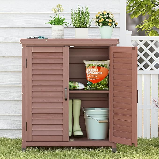 Potting Bench with Storage Cabinet and Metal Table Top for Outdoor Patio, Garden Furniture Wood Workstation (Dark Brown, 31x17x36)