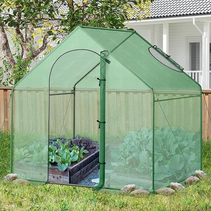 HAPPYGRILL Walk-in Greenhouse, 6 x 3 x 5.5 FT Portable Outdoor Green House for Winter w/ PE Cover, Rustproof PE-Coated Metal Frame, Roll-up Zippered Door, Window, Greenhouse for Outdoors