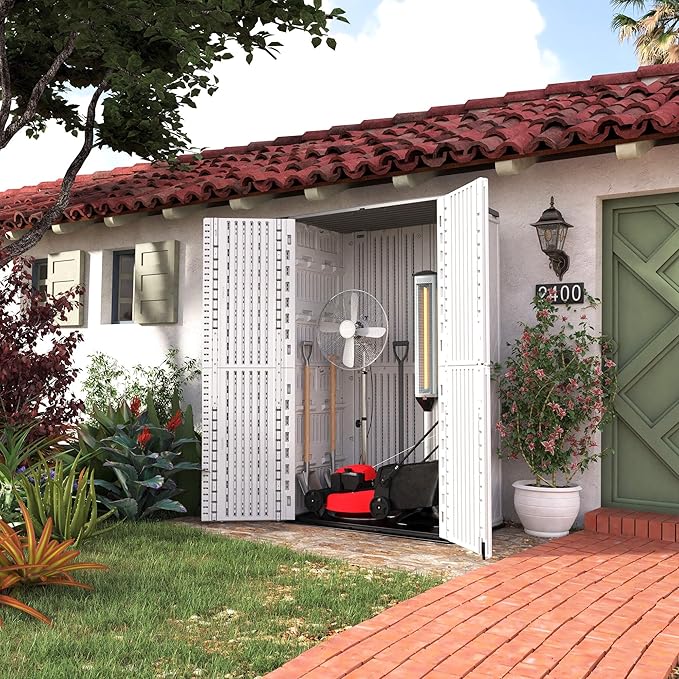 HOMSPARK Storage Shed Weather Resistance, Multi-Purpose Outdoor Storage Cabinet Waterproof, Outdoor Storage Cabinet for Garbage Cans, Lawnmower, Garden Accessories (Off White, Tall shed-53 cu ft)