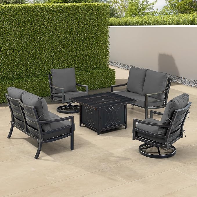 Oakland Living Black Aluminum Patio Fire Table Set with Two Deep Seating Loveseat with Cushions and Two Club Chairs with Black Cushions