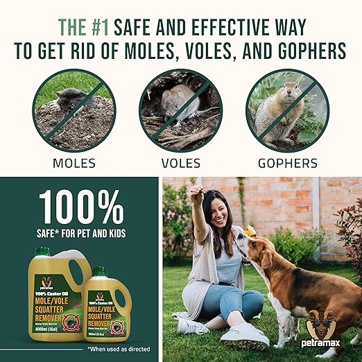 PetraMax Castor Oil Mole Repellent for Lawns - Best Anti Mole and Vole Repellent of Outdoor Space - How to Get Rid of Moles in My Yard, Garden Or Lawn, Safe and Effective Vole Deterrent (33.8 fl oz)