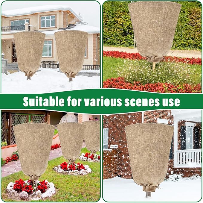 Riare 2 Packs 45 × 70 Inch Burlap Winter Plant Cover Bags with Drawstring- Reusable Large Burlap Sack Plant Frost Protector, Plant Frost Cloth Cold Tree Freeze Blanket for Outdoor Plants Shrubs Fruit