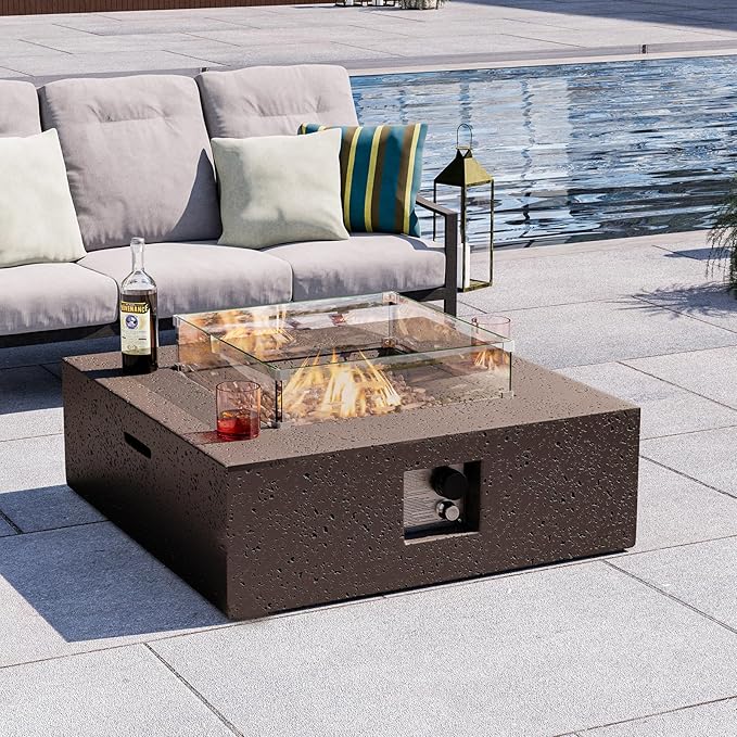 SUNBURY Outdoor Propane Gas Fire Pit Table, 35 Inch Square Outdoor Firepit Table, 50000 BTU Fire Table for Patio Set, Brown