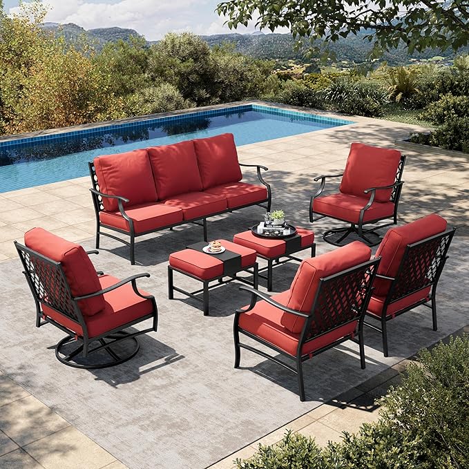 HERA'S HOUSE 7 Piece Patio Furniture Set, 2 x Swivel Chair, 2 x Leg Chair, 2 x Ottoman, 1 x 3-Seat Sofa, All Cushioned 9 Seats Metal Outdoor Conversation Set for Lawn Garden Backyard