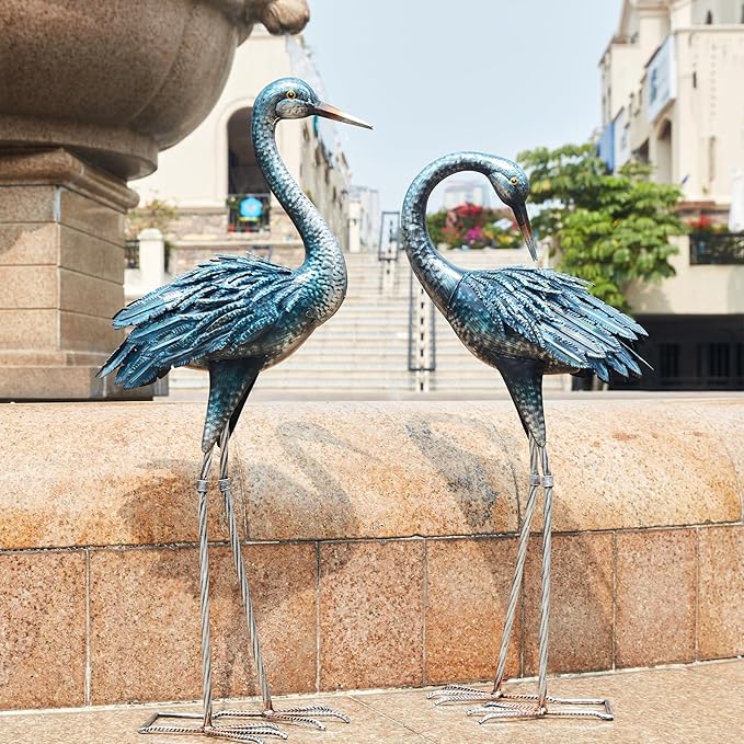Kircust Garden Crane Statue for Outdoor, Blue Heron Decoy Garden Sculptures and Statues, Metal Bird Yard Art for Lawn Patio Decor, Set of 2