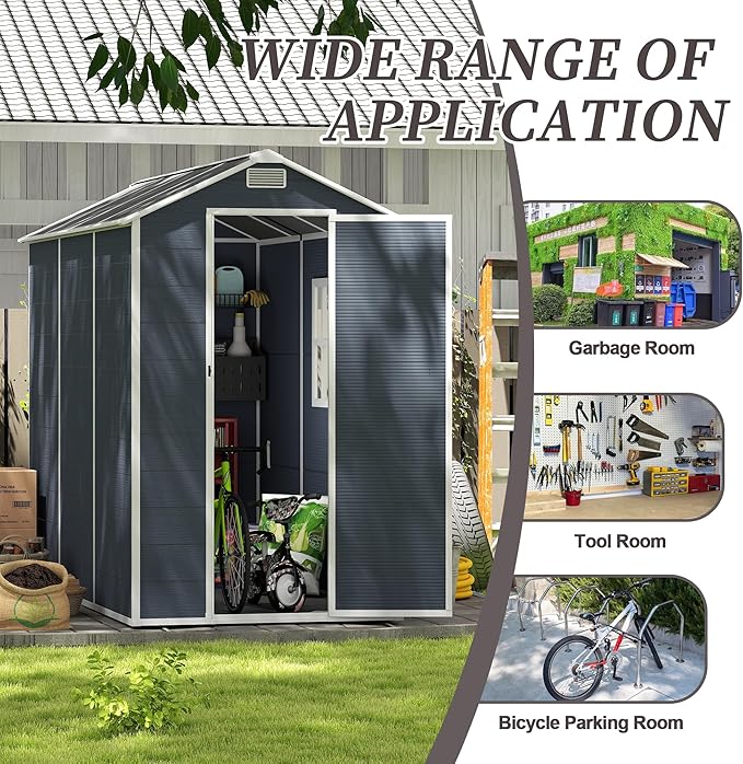 Outdoor Storage Shed 8x4 FT, Resin Shed with Floor & Window, Lockable Door, Vents, Outside Sheds & Garden Shed for Patio Furniture, Gardening Tools, Bike Accessories and Lawn Mower (Dark Gray, 4*8ft)
