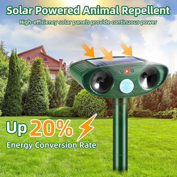 2 Pack 2025 Animal Repellent Ultrasonic Outdoor Squirrel Fortress Pro, Solar Repeller with Motion Sensor, Waterproof Dog Skunk Raccoon Rabbit Cat Deer Repellent for Yard Farm