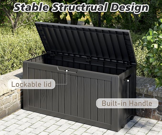 NUNU LAB 75 Gallon Outdoor Storage Box,Deck Box Resin Large Sturdy, Backyard Outside Storage Box Waterproof with Double Wall Panels,Package Delivery Box,Garden Outdoor Hose Storage Bin