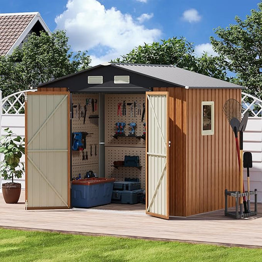 8x6FT Outdoor Storage Shed, Metal Garden Shed with Lockable Doors and Window, Large Tool Shed for Backyard, Patio and Lawn