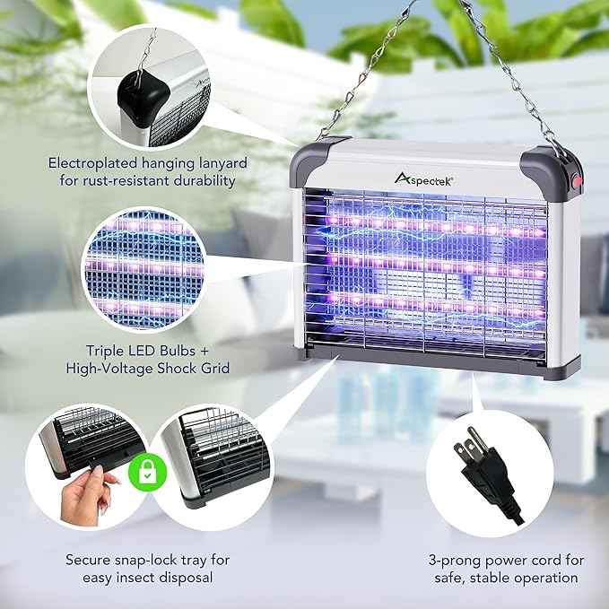 Aspectek LED Bug Zapper Indoor – High-Voltage Mosquito and Fly Trap, Energy-Efficient Insect Killer with 3 Long-Life LED Lamps, Safe & Durable Bug Light Trap for Home