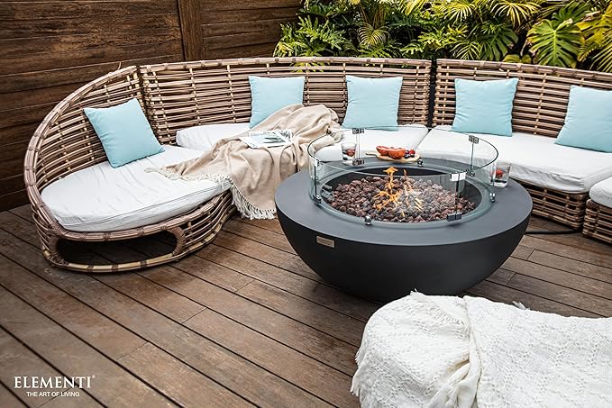 Elementi | Bundle Lunar Gas Fire Pit Cast Concrete 42" Round Fire Table, Outdoor Fire Pit Electronic Ignition | Canvas Cover, Lava Rock Included | Dark Gray (Propane Gas)