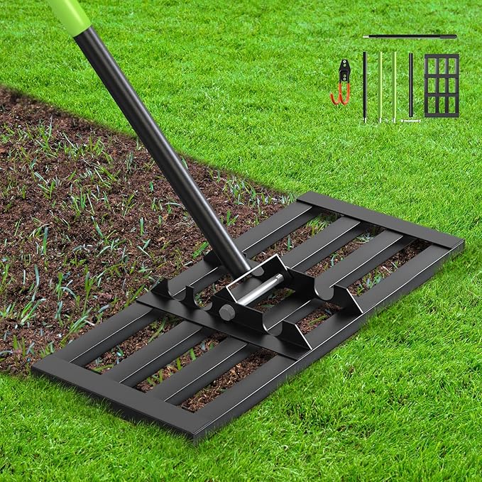 Seeutek Lawn Leveling Rake, 17” x 10” Lawn Leveler with 6.5FT Stainless Steel Handle Rakes for Lawns, 0-180° Adjustable Ground Leveler Tool for Yard, Level Soil Sand Dirt Surfaces
