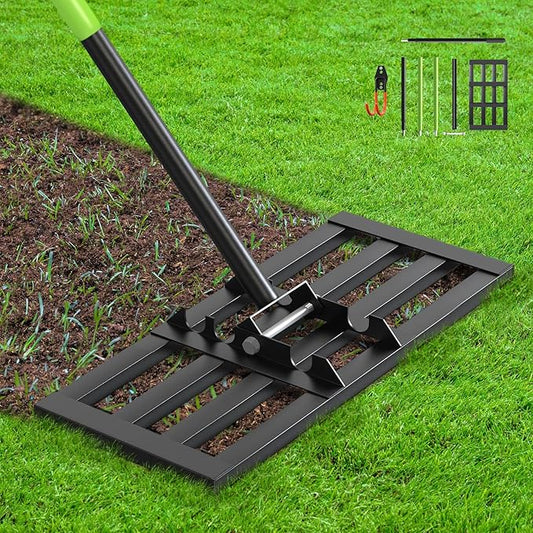 Seeutek Lawn Leveling Rake, 17” x 10” Lawn Leveler with 6.5FT Stainless Steel Handle Rakes for Lawns, 0-180° Adjustable Ground Leveler Tool for Yard, Level Soil Sand Dirt Surfaces