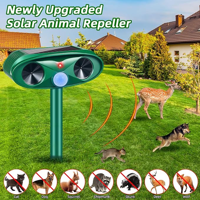 2025 Upgraded Solar Ultrasonic Animal Repeller Outdoor Cat Repellent Deer Repellent Devices with USB Charge, Animal Deterrent Device for Rabbit Raccoon Dog Squirrel Rodent Skunk for Yard Garden,2 Pcs