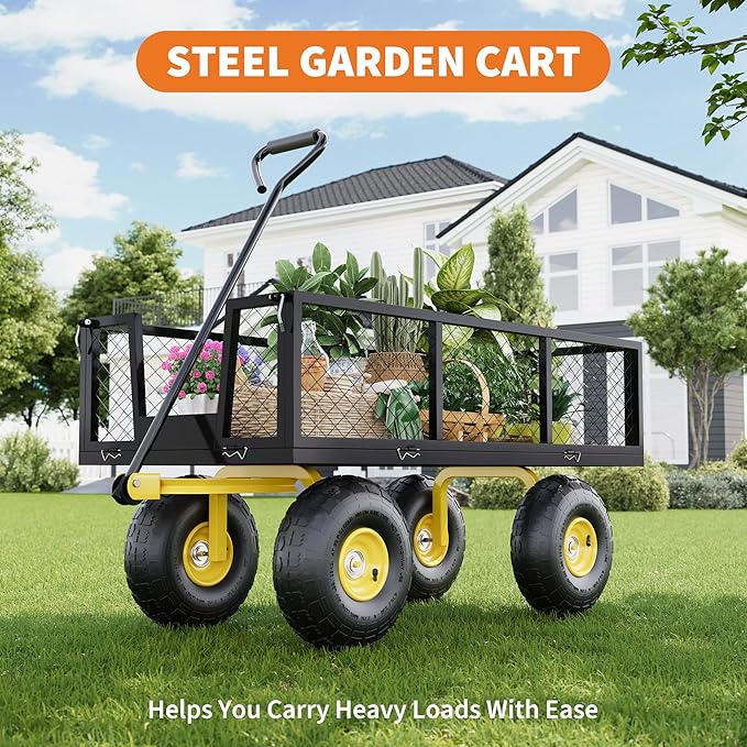 900 Lbs Garden Wagon, 2-in-1 Heavy-Duty Steel Garden Cart, with 10 Inch All-Terrain Tires and Removable Mesh Side Panels, 180° Rotating Handle, Metal Utility Yard Trailer, Outdoor Gardens Wagon Cart