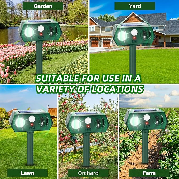 2Pack Ultrasonic Animal Repellent Outdoor Solar Animal Repeller witht Motion Sensor&LED Strober Ligh Cat Deterrent Outdoor Deer Repellent Device to Scare Skunk Rabbit Fox Dog Raccoon Squirrel 2025