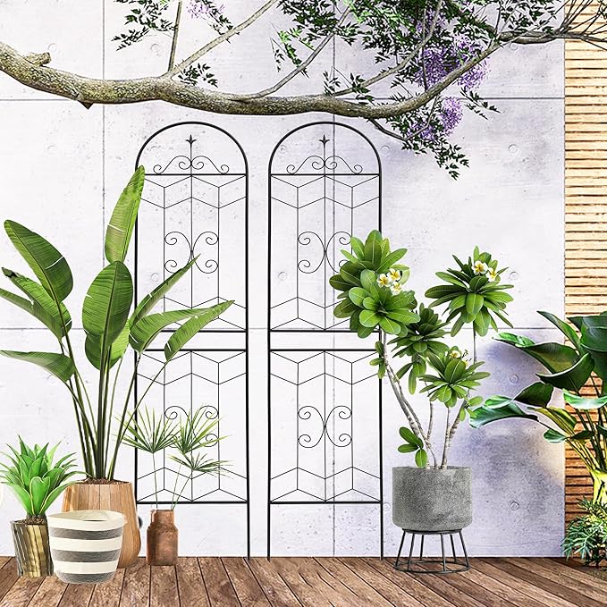 4 Pack Metal Garden Trellis 86.7" Tall Outdoor Climbing Plant Support for Roses, Flowers, Rustproof Durable Black Galvanized Tube, Lawn Garden Fence Decor Screen (4, Castle-86.7" H)