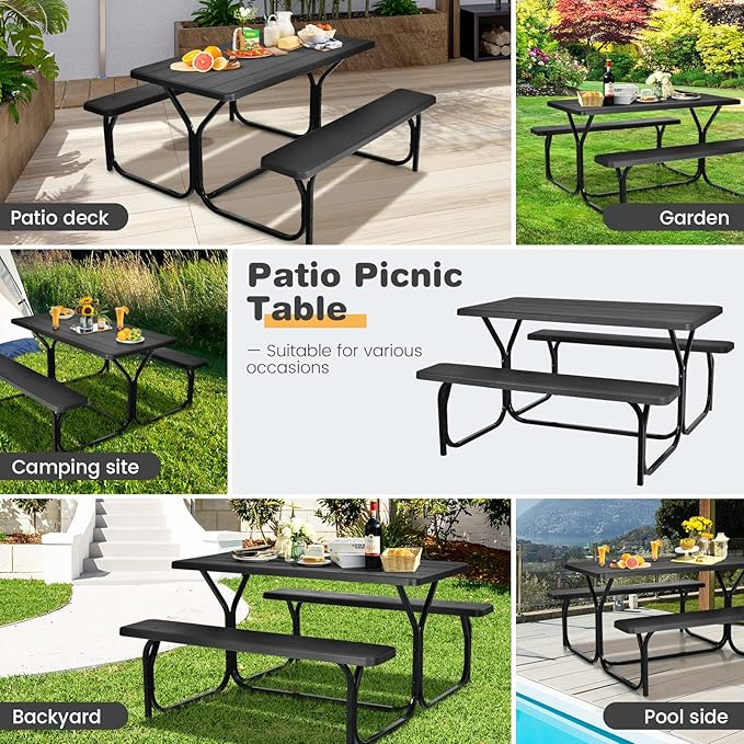 Moccha Picnic Table Bench Set - Portable Plastic Picnic Table w/Steel Frame & Wood-Like Texture, All Weather Heavy Duty Picnic Table Kit, Picnic Tables for Outdoors Garden Patio Party Dining (Black)